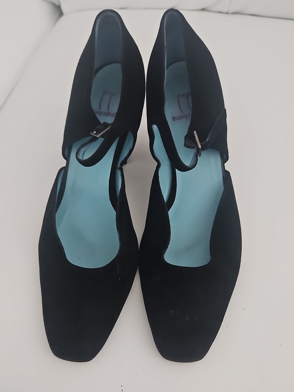 Thierry Rabotin Black Suede Mary Jane Pumps with Light Blue Insole